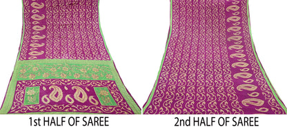Indian Vintage Sari Beige & Purple Pure Cotton Printed Sarees Craft Fabric Soft 5Yd Sarong Wrap Boho Fabric Kimono Quilting Crafting Upcycle