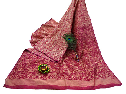 Indian Vintage Sari Rani Pink Hand Woven 100% Pure Organza Silk Saree Craft Fabric 5Yd Dress Making Crafting Quilting Upcycle
