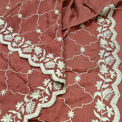 Indian Vintage Heavy Sarees Brown Blend Silk Hand Embroidered Sari Craft Fabric 5Yd Sewing Gota Patti  Dress making With Blouse Fabric