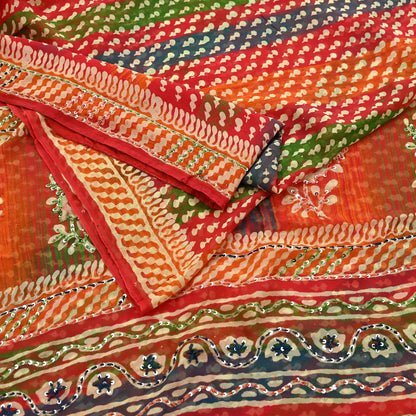 Indian Vintage Sari Multi Hand Embroidered 100% Pure Georgette Silk Saree Craft Fabric 5Yd Ethnic Soft Dress making For Crafting Quilting