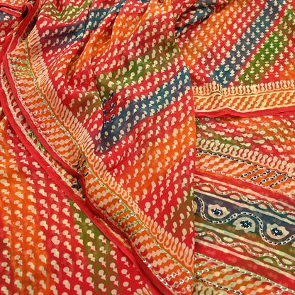 Indian Vintage Sari Multi Hand Embroidered 100% Pure Georgette Silk Saree Craft Fabric 5Yd Ethnic Soft Dress making For Crafting Quilting