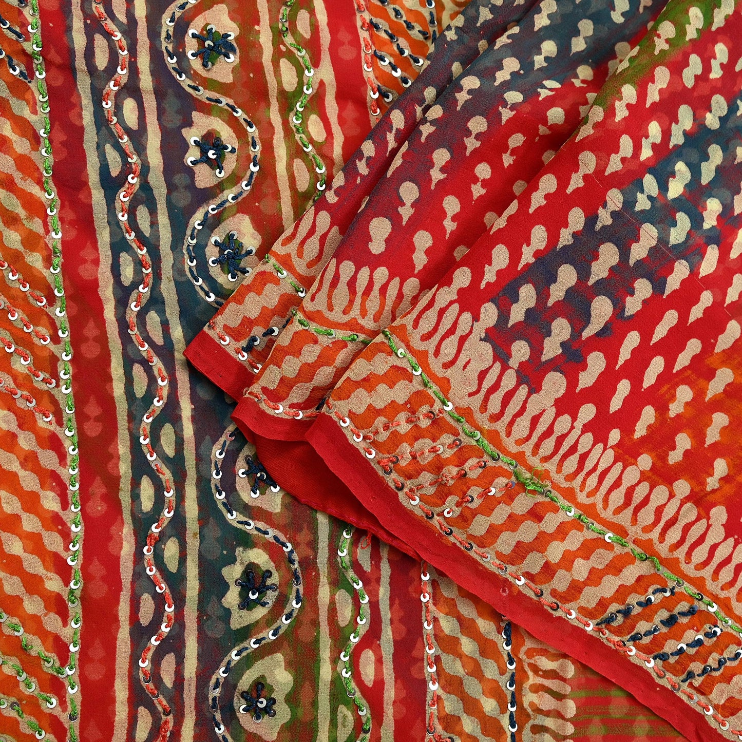 Indian Vintage Sari Multi Hand Embroidered 100% Pure Georgette Silk Saree Craft Fabric 5Yd Ethnic Soft Dress making For Crafting Quilting