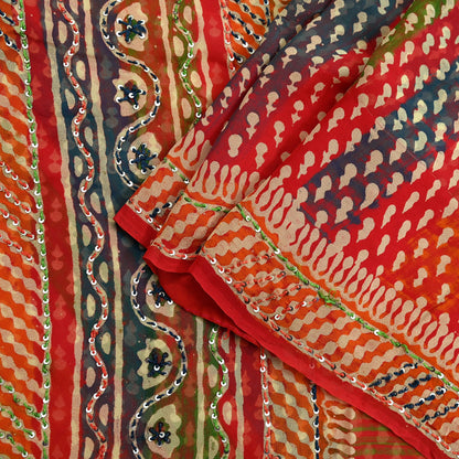 Indian Vintage Sari Multi Hand Embroidered 100% Pure Georgette Silk Saree Craft Fabric 5Yd Ethnic Soft Dress making For Crafting Quilting