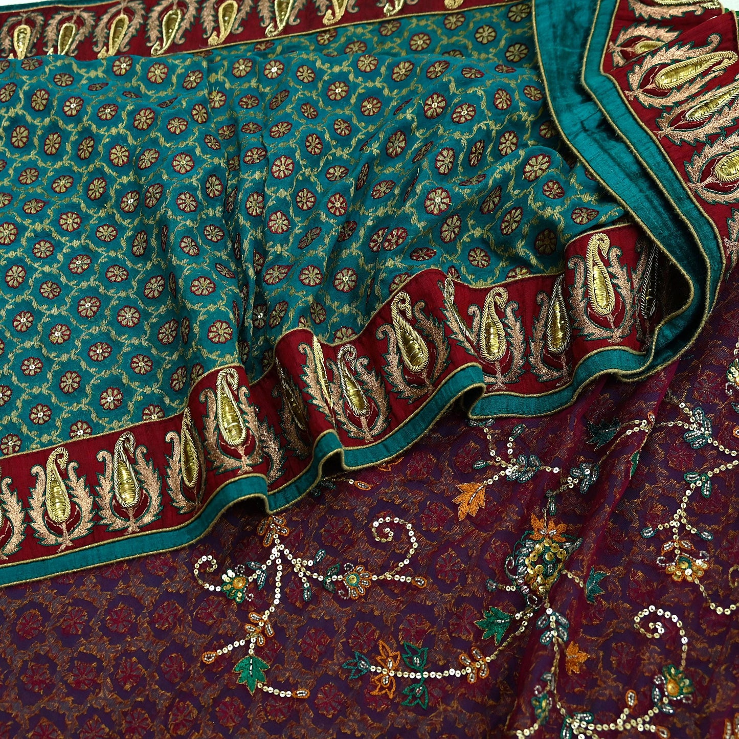 Indian Vintage Heavy Sari Red & Green Net/Georgette Silk Hand Embroidered Sarees Craft Fabric 5Yd Sewing Soft  Zardozi With Blouse fabric