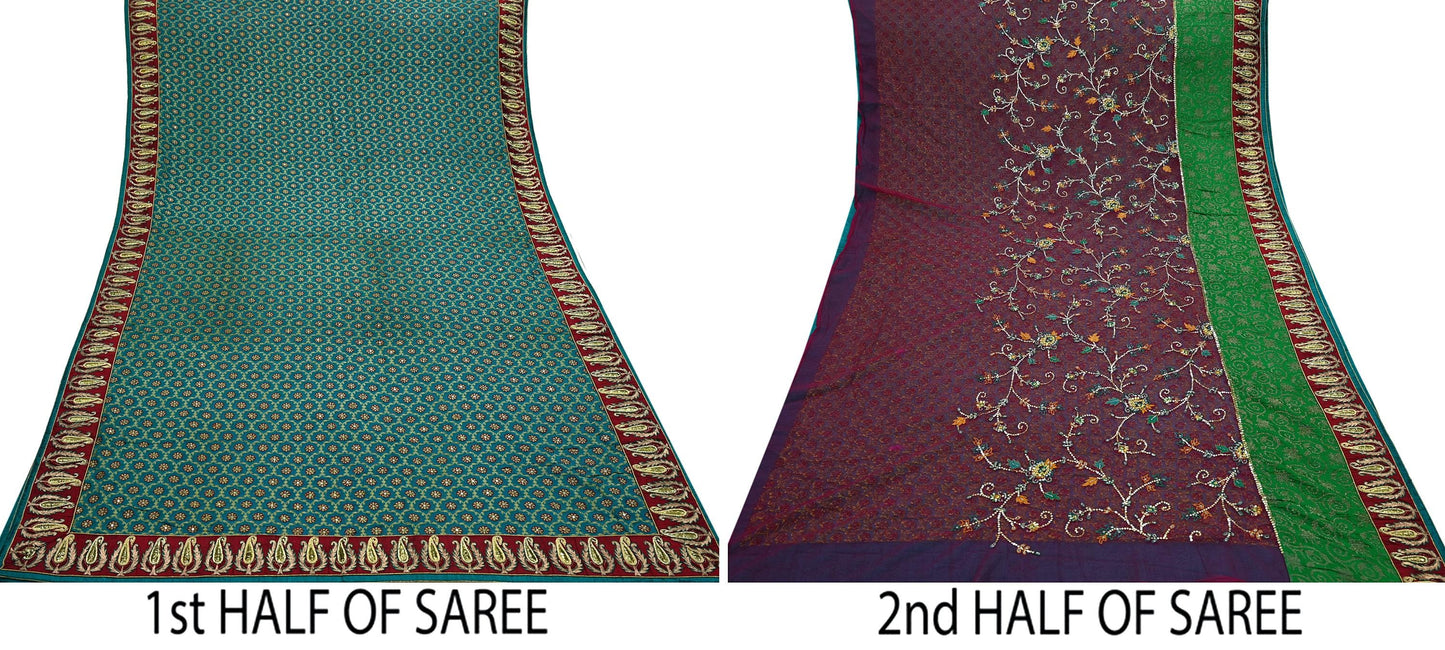 Indian Vintage Heavy Sari Red & Green Net/Georgette Silk Hand Embroidered Sarees Craft Fabric 5Yd Sewing Soft  Zardozi With Blouse fabric