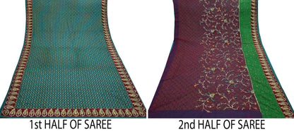 Indian Vintage Heavy Sari Red & Green Net/Georgette Silk Hand Embroidered Sarees Craft Fabric 5Yd Sewing Soft  Zardozi With Blouse fabric
