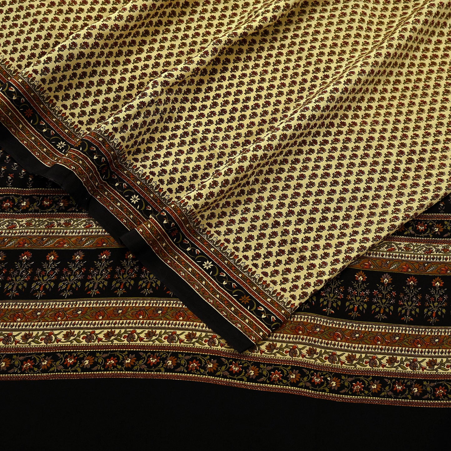 Indian Vintage Beige & Black Saree Pure Crepe Silk Printed Sari Craft Fabric 5yd Sewing Floral Soft Wrap Dress making Crafting Quilting