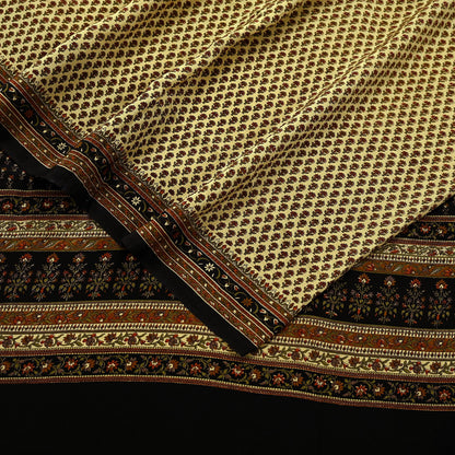 Indian Vintage Beige & Black Saree Pure Crepe Silk Printed Sari Craft Fabric 5yd Sewing Floral Soft Wrap Dress making Crafting Quilting