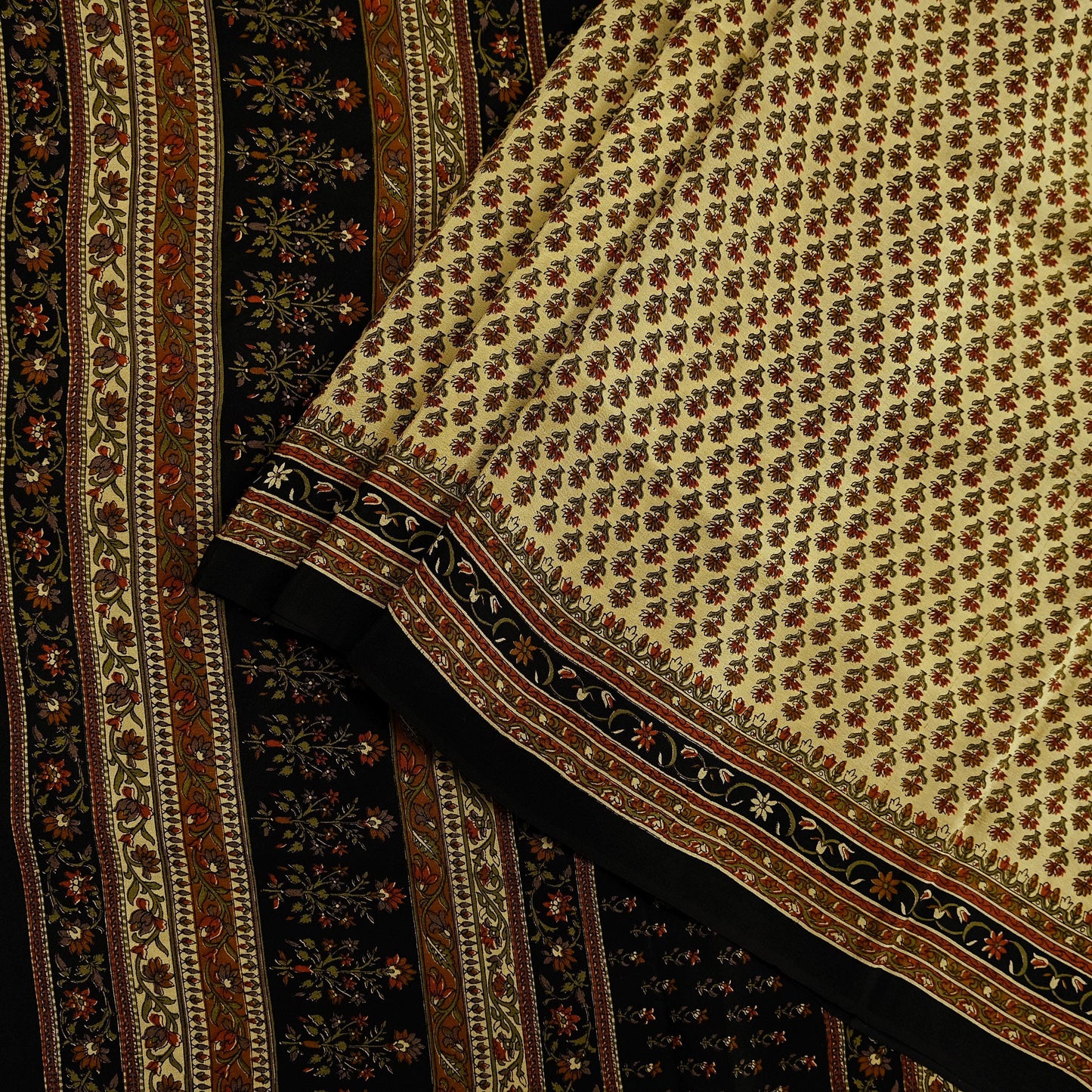 Indian Vintage Beige & Black Saree Pure Crepe Silk Printed Sari Craft Fabric 5yd Sewing Floral Soft Wrap Dress making Crafting Quilting