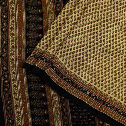 Indian Vintage Beige & Black Saree Pure Crepe Silk Printed Sari Craft Fabric 5yd Sewing Floral Soft Wrap Dress making Crafting Quilting