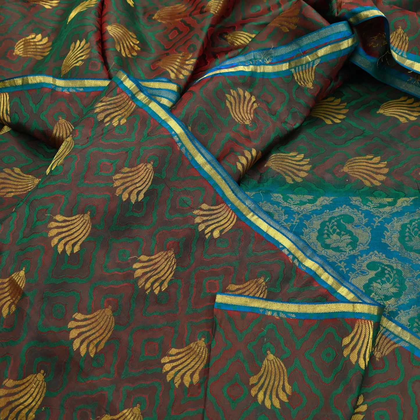 Indian Vintage Heavy Sari Green & Blue Kanjivaram Saree 100% Pure Silk Zari 5Yd Crafting Dress making For Crafting Quilting Upcycle