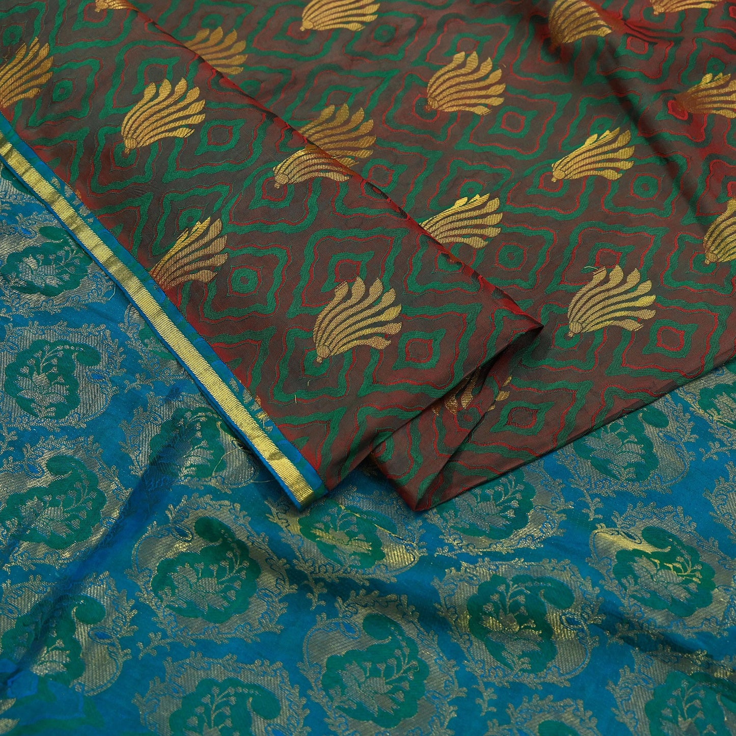 Indian Vintage Heavy Sari Green & Blue Kanjivaram Saree 100% Pure Silk Zari 5Yd Crafting Dress making For Crafting Quilting Upcycle