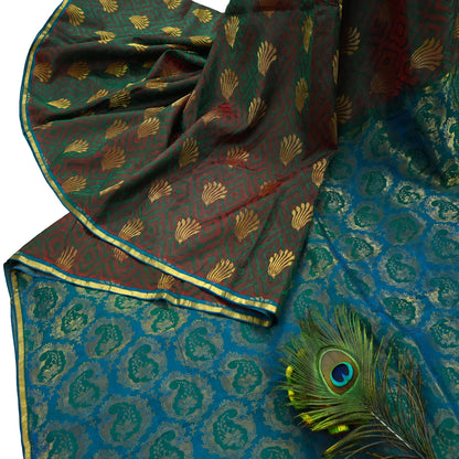 Indian Vintage Heavy Sari Green & Blue Kanjivaram Saree 100% Pure Silk Zari 5Yd Crafting Dress making For Crafting Quilting Upcycle