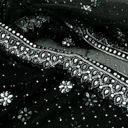 Indian Heavy Sari Black Net/Mesh Hand Embroidered Sarees Craft Fabric 6Yd Sewing Soft Zardozi Wedding sarees With Blouse fabric