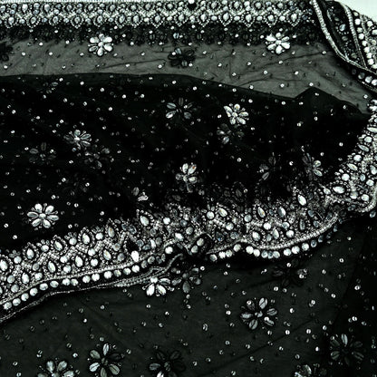 Indian Heavy Sari Black Net/Mesh Hand Embroidered Sarees Craft Fabric 6Yd Sewing Soft Zardozi Wedding sarees With Blouse fabric