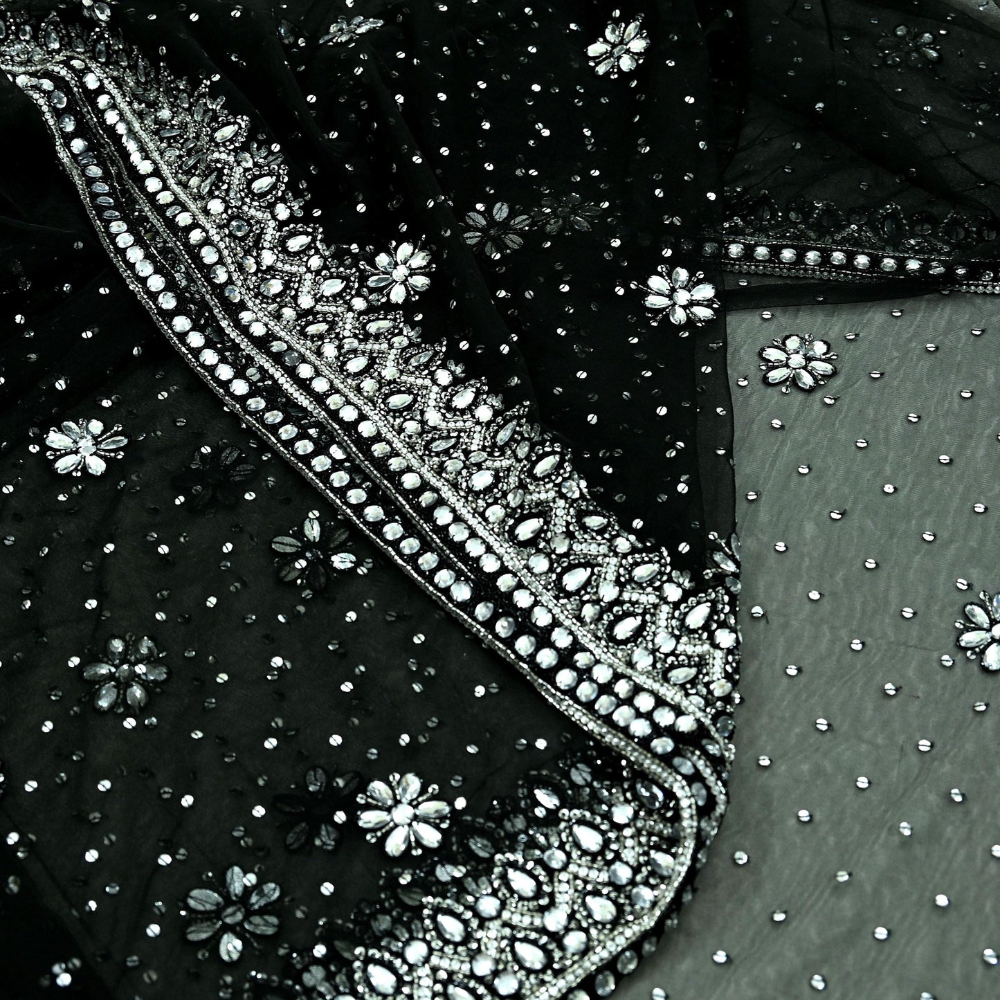 Indian Heavy Sari Black Net/Mesh Hand Embroidered Sarees Craft Fabric 6Yd Sewing Soft Zardozi Wedding sarees With Blouse fabric