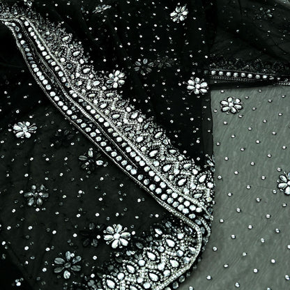 Indian Heavy Sari Black Net/Mesh Hand Embroidered Sarees Craft Fabric 6Yd Sewing Soft Zardozi Wedding sarees With Blouse fabric