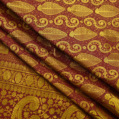 Vintage Heavy Sari Maroon Hand Woven Kanjivaram Artificial Silk Sarees Zari 5Yd Floral Craft Fabric Dress making Crafting Quilting