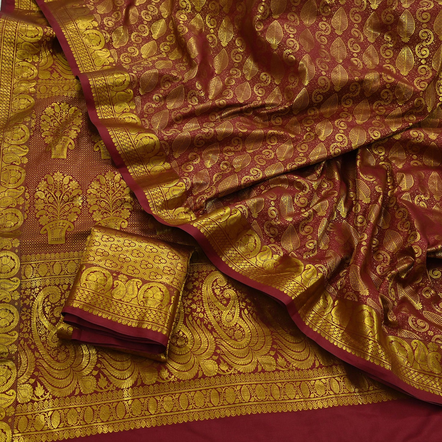 Vintage Heavy Sari Maroon Hand Woven Kanjivaram Artificial Silk Sarees Zari 5Yd Floral Craft Fabric Dress making Crafting Quilting
