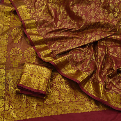 Vintage Heavy Sari Maroon Hand Woven Kanjivaram Artificial Silk Sarees Zari 5Yd Floral Craft Fabric Dress making Crafting Quilting