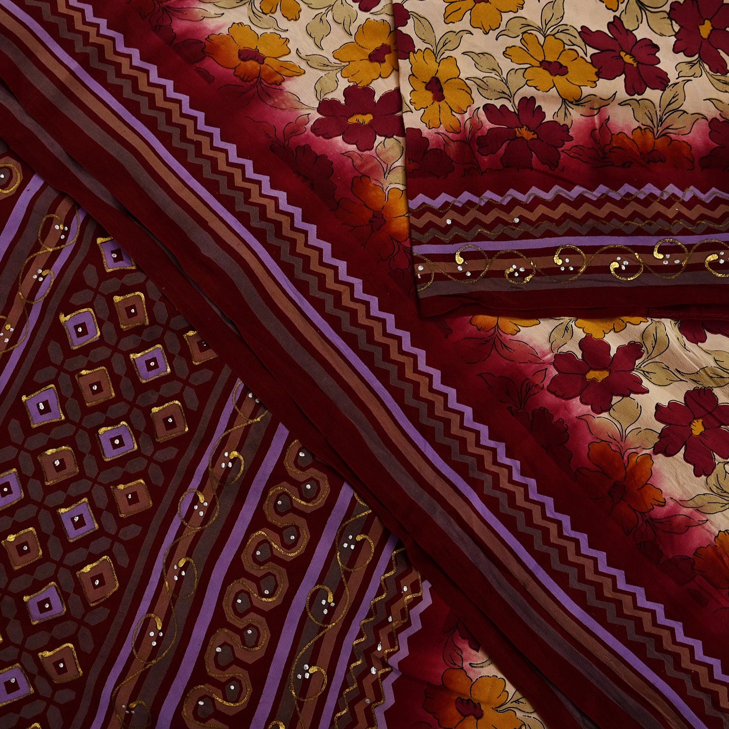 Indian Vintage Sari Maroon & Beige Pure Crepe Silk Hand Painted Saree 5yd Sewing Floral Craft Fabric Wrap Dress Making Quilting Crafting