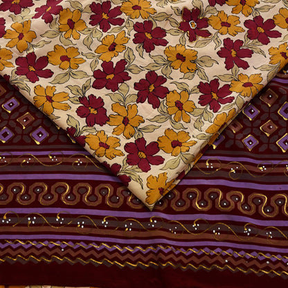Indian Vintage Sari Maroon & Beige Pure Crepe Silk Hand Painted Saree 5yd Sewing Floral Craft Fabric Wrap Dress Making Quilting Crafting