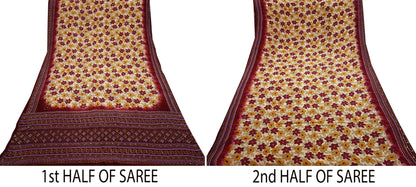 Indian Vintage Sari Maroon & Beige Pure Crepe Silk Hand Painted Saree 5yd Sewing Floral Craft Fabric Wrap Dress Making Quilting Crafting