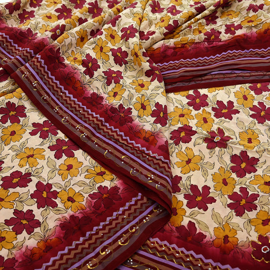 Indian Vintage Sari Maroon & Beige Pure Crepe Silk Hand Painted Saree 5yd Sewing Floral Craft Fabric Wrap Dress Making Quilting Crafting