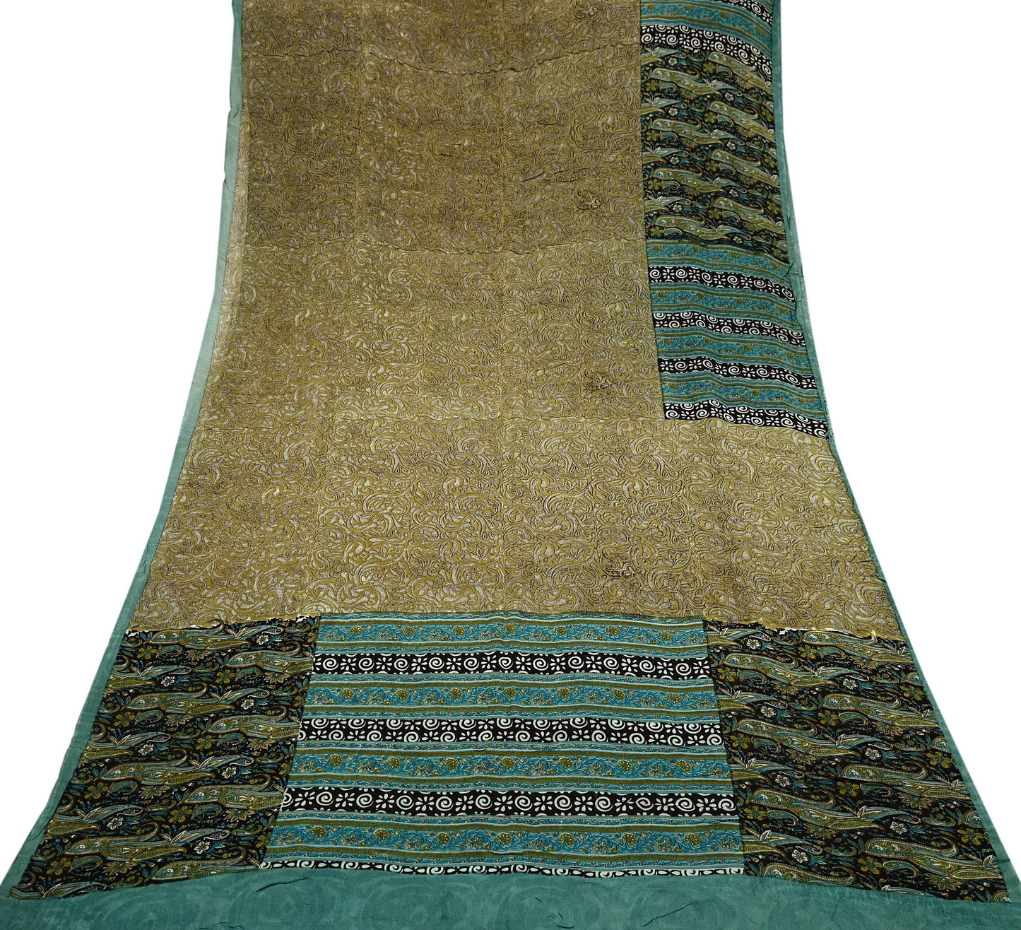 Indian Vintage Sari Green & Beige Pure Georgette Silk Printed Sarees Craft Fabric Sewing 5Yd Soft Dress Making Crafting Quilting Upcycle