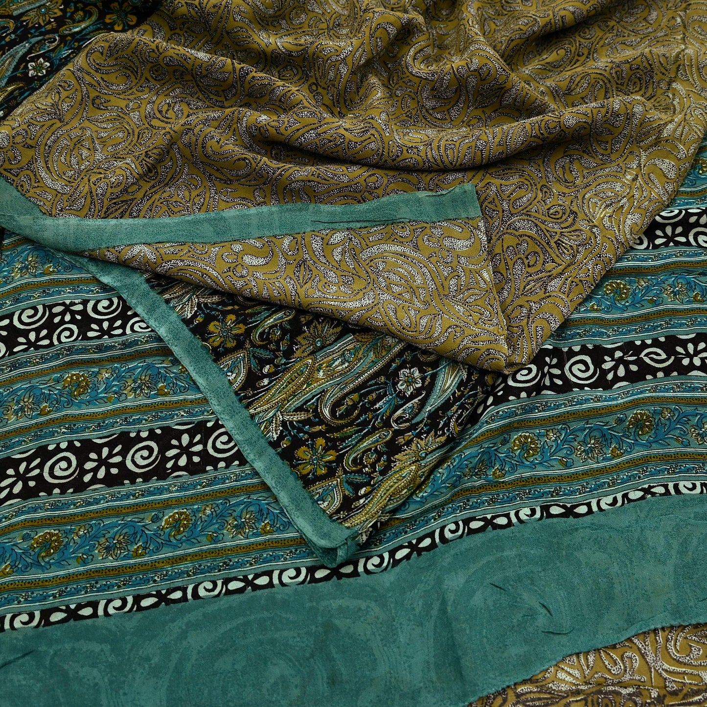 Indian Vintage Sari Green & Beige Pure Georgette Silk Printed Sarees Craft Fabric Sewing 5Yd Soft Dress Making Crafting Quilting Upcycle