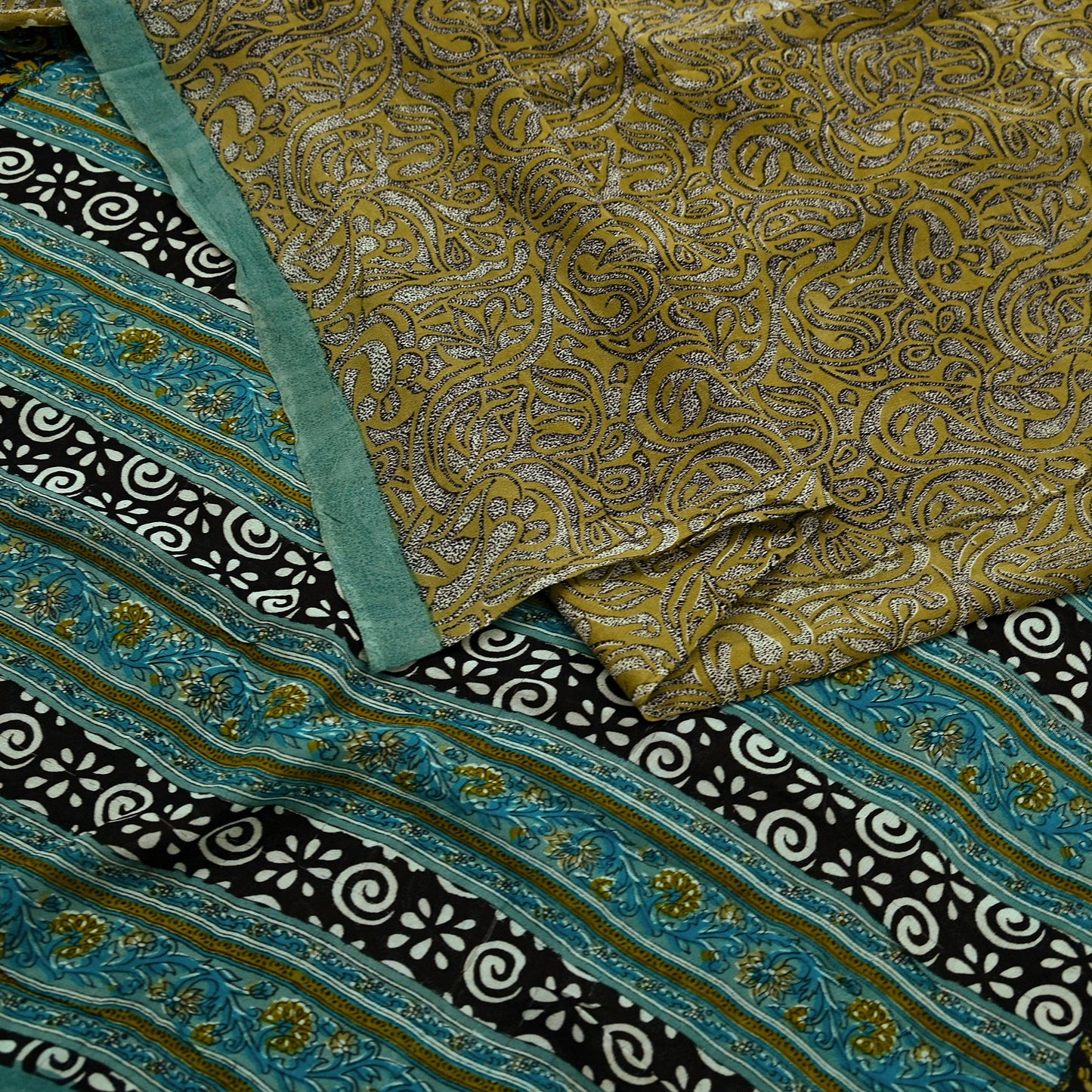 Indian Vintage Sari Green & Beige Pure Georgette Silk Printed Sarees Craft Fabric Sewing 5Yd Soft Dress Making Crafting Quilting Upcycle