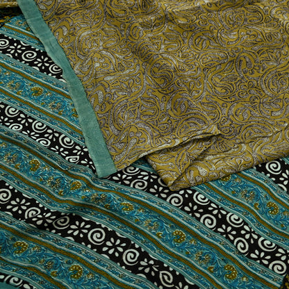 Indian Vintage Sari Green & Beige Pure Georgette Silk Printed Sarees Craft Fabric Sewing 5Yd Soft Dress Making Crafting Quilting Upcycle