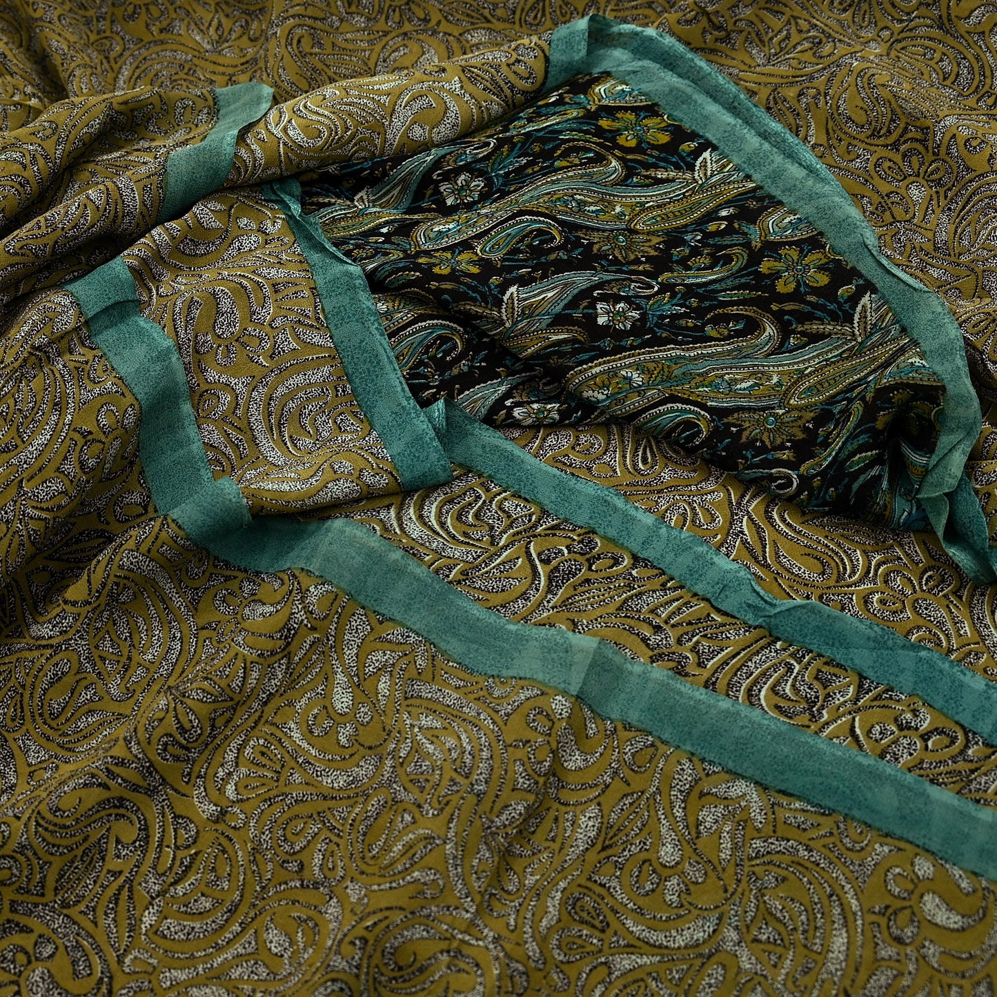 Indian Vintage Sari Green & Beige Pure Georgette Silk Printed Sarees Craft Fabric Sewing 5Yd Soft Dress Making Crafting Quilting Upcycle