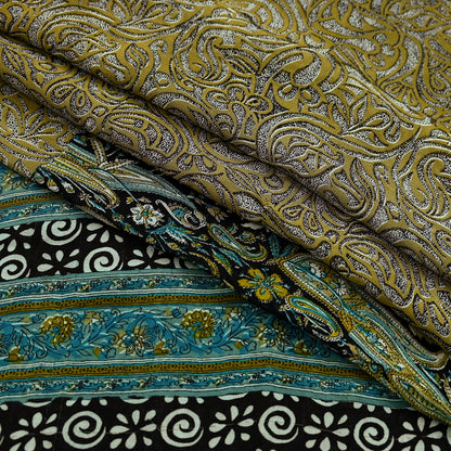 Indian Vintage Sari Green & Beige Pure Georgette Silk Printed Sarees Craft Fabric Sewing 5Yd Soft Dress Making Crafting Quilting Upcycle