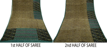Indian Vintage Sari Green & Beige Pure Georgette Silk Printed Sarees Craft Fabric Sewing 5Yd Soft Dress Making Crafting Quilting Upcycle