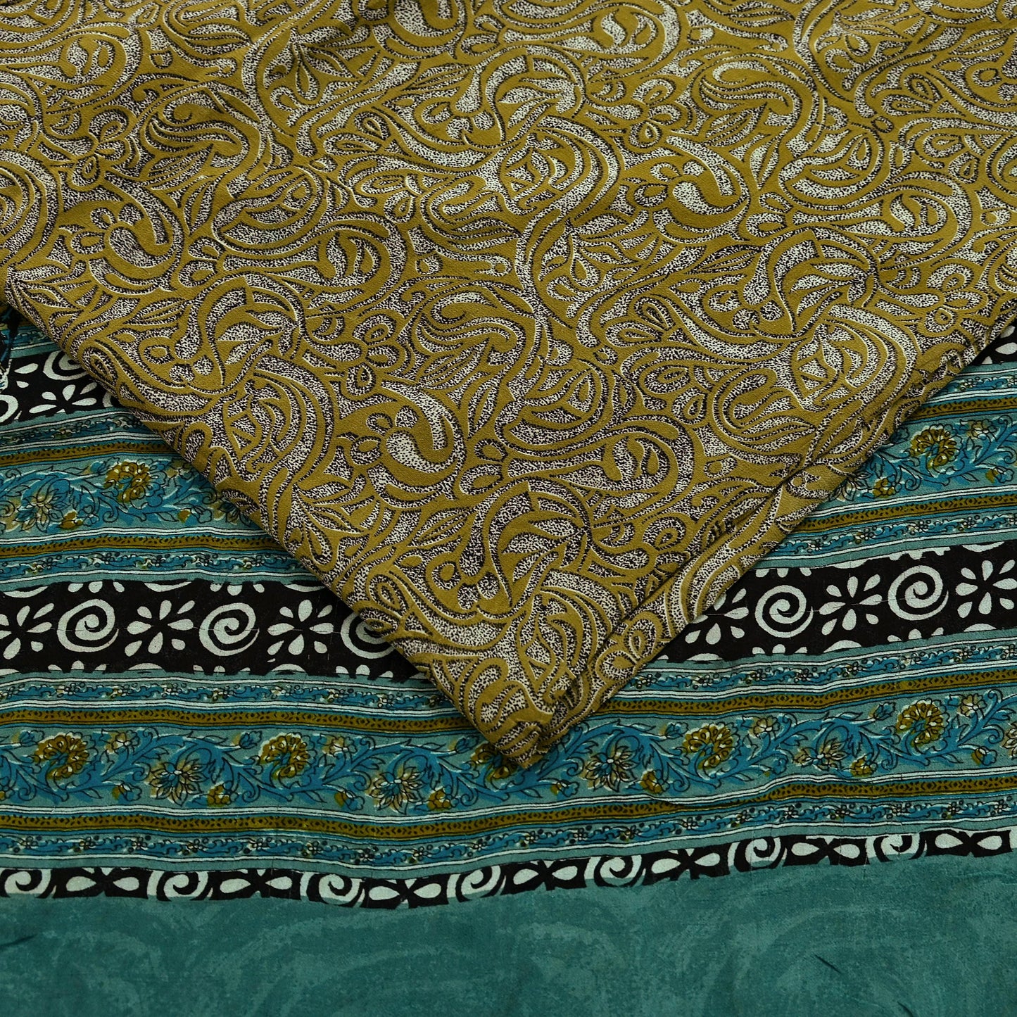 Indian Vintage Sari Green & Beige Pure Georgette Silk Printed Sarees Craft Fabric Sewing 5Yd Soft Dress Making Crafting Quilting Upcycle