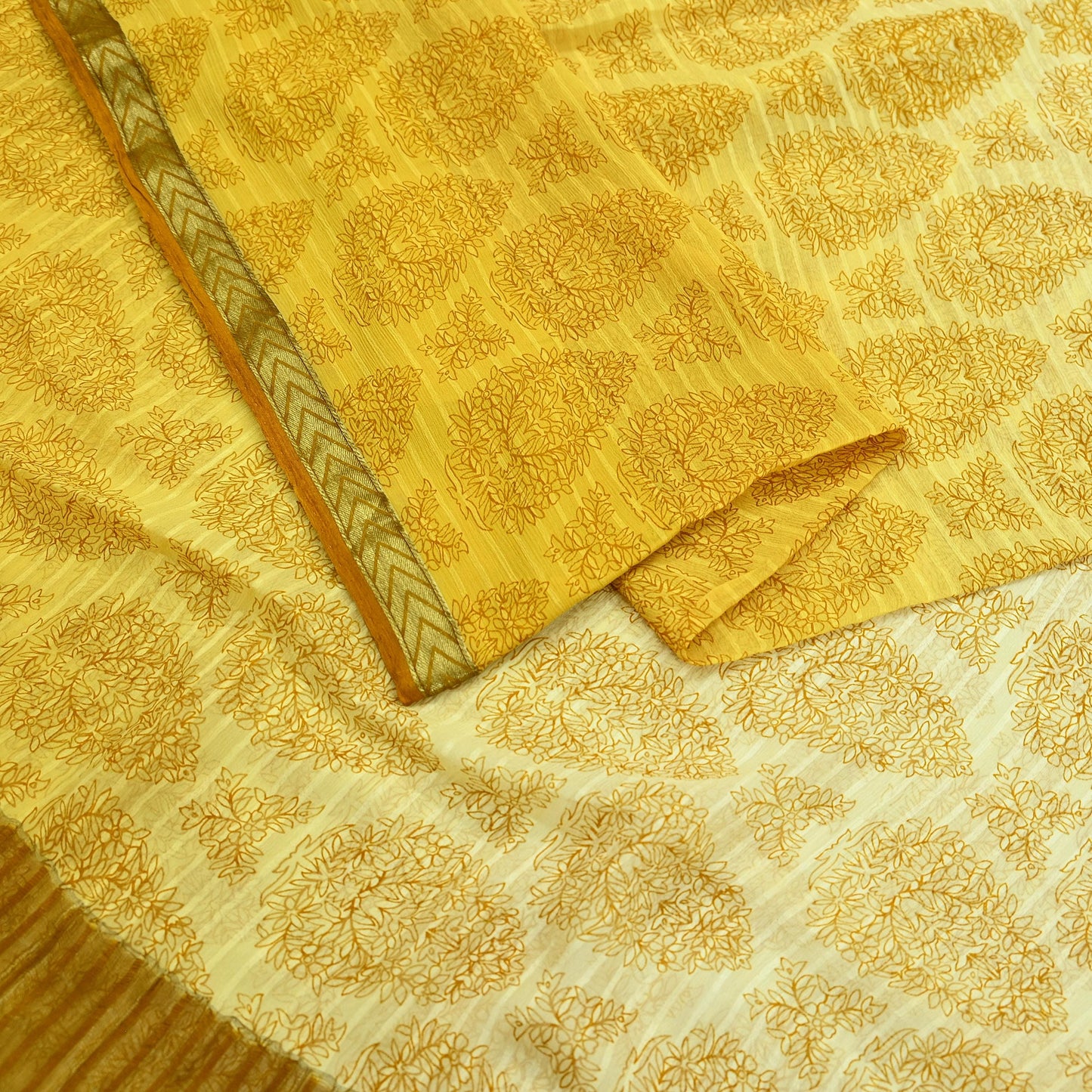 Women Vintage Sari Yellow & Ivory Pure Chiffon Silk Printed Sarees 6Yd Craft Fabric Sewing Soft Dress Making Zari Crafting Quilting