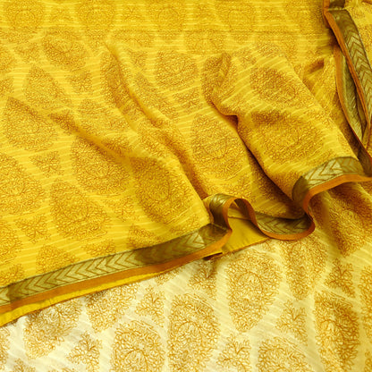 Women Vintage Sari Yellow & Ivory Pure Chiffon Silk Printed Sarees 6Yd Craft Fabric Sewing Soft Dress Making Zari Crafting Quilting