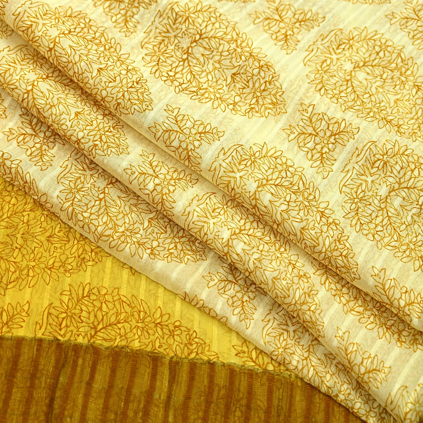 Women Vintage Sari Yellow & Ivory Pure Chiffon Silk Printed Sarees 6Yd Craft Fabric Sewing Soft Dress Making Zari Crafting Quilting