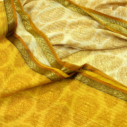 Women Vintage Sari Yellow & Ivory Pure Chiffon Silk Printed Sarees 6Yd Craft Fabric Sewing Soft Dress Making Zari Crafting Quilting