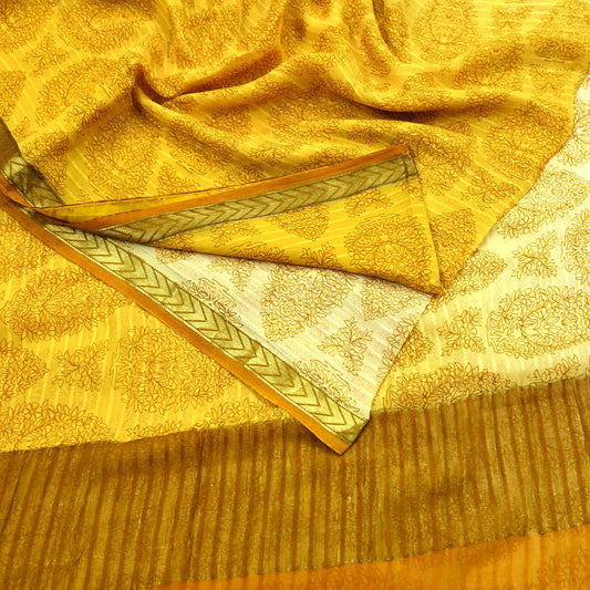Women Vintage Sari Yellow & Ivory Pure Chiffon Silk Printed Sarees 6Yd Craft Fabric Sewing Soft Dress Making Zari Crafting Quilting