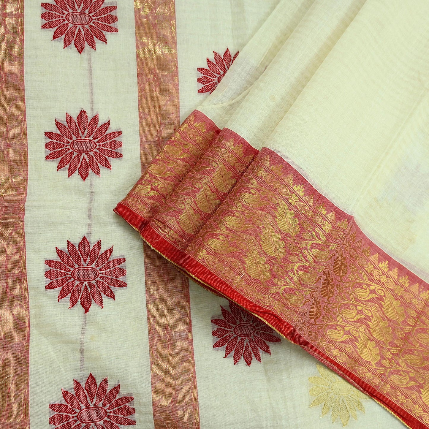 Indian Vintage Sarees Ivory Pure Cotton Hand Woven Sari 5yd Ethnic Floral Craft Fabric Dress making Upcycle Crafting Quilting