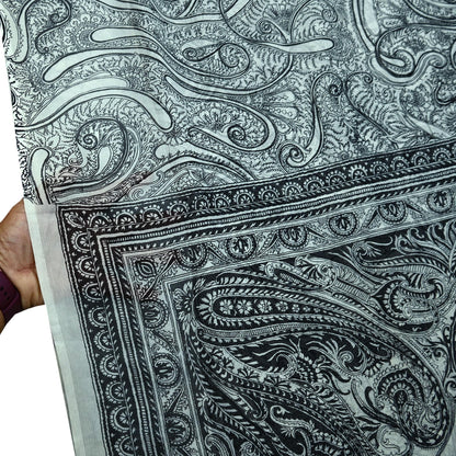 Indian Vintage White & Black Saree Pure Chiffon Silk Printed Sari Craft Fabric Sewing 5Yd Soft Light Sari Dress Making Paisley Quilting