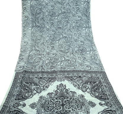 Indian Vintage White & Black Saree Pure Chiffon Silk Printed Sari Craft Fabric Sewing 5Yd Soft Light Sari Dress Making Paisley Quilting