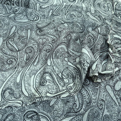 Indian Vintage White & Black Saree Pure Chiffon Silk Printed Sari Craft Fabric Sewing 5Yd Soft Light Sari Dress Making Paisley Quilting