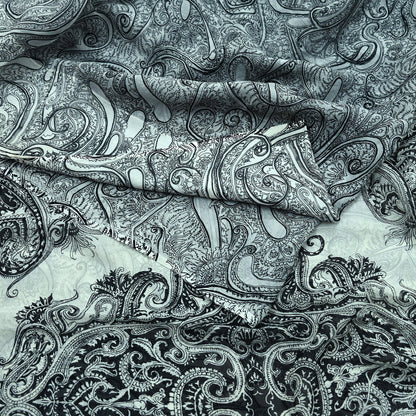 Indian Vintage White & Black Saree Pure Chiffon Silk Printed Sari Craft Fabric Sewing 5Yd Soft Light Sari Dress Making Paisley Quilting