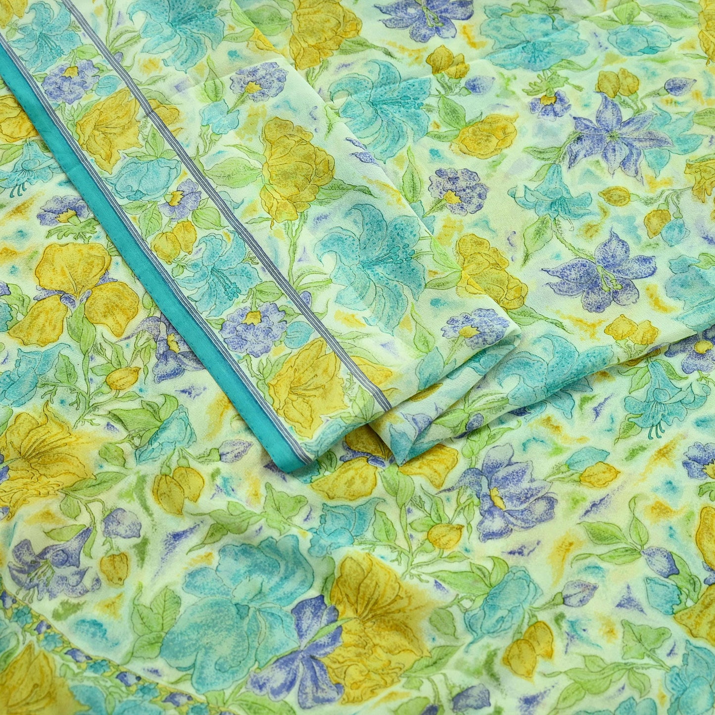 Indian Vintage Sari Ivory Pure Georgette Silk Printed Sarees Craft Fabric Sewing 5Yd Soft Dress Making Crafting Quilting Upcycle