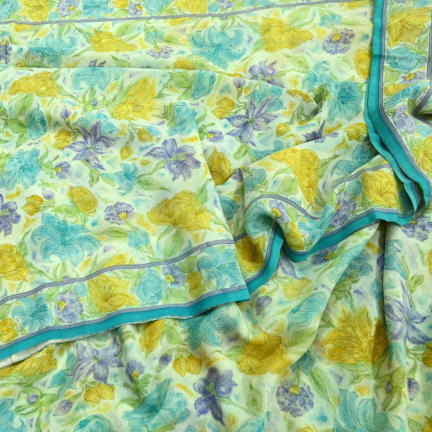 Indian Vintage Sari Ivory Pure Georgette Silk Printed Sarees Craft Fabric Sewing 5Yd Soft Dress Making Crafting Quilting Upcycle