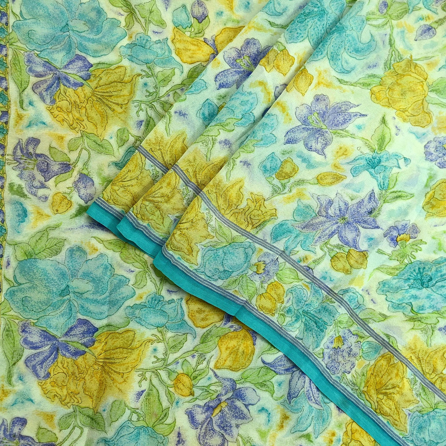 Indian Vintage Sari Ivory Pure Georgette Silk Printed Sarees Craft Fabric Sewing 5Yd Soft Dress Making Crafting Quilting Upcycle