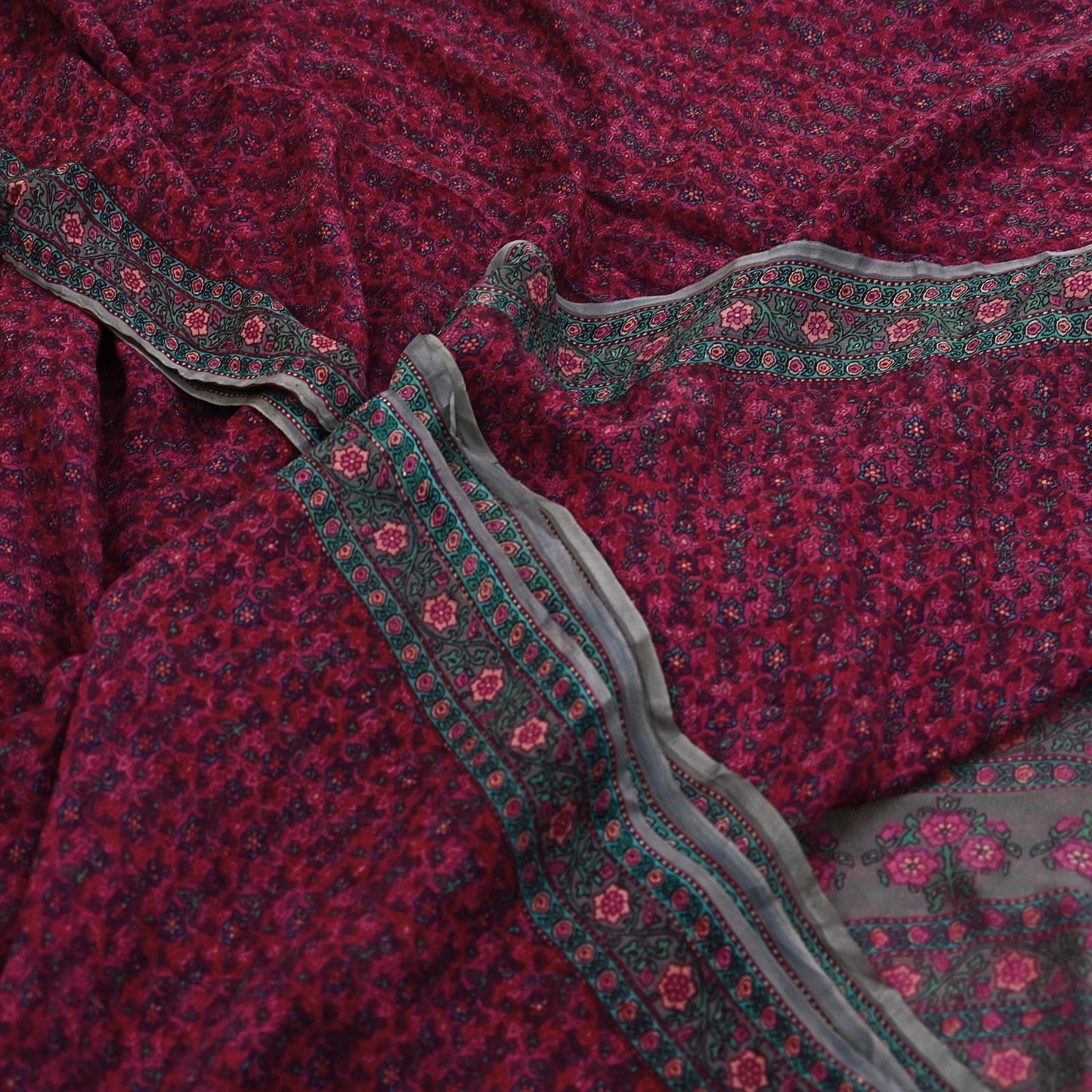 Women Vintage Sari Pink & Brown Pure Chiffon Silk Printed Sarees Craft Fabric Sewing 5Yd Soft Dress Making Crafting Quilting Upcycle Used